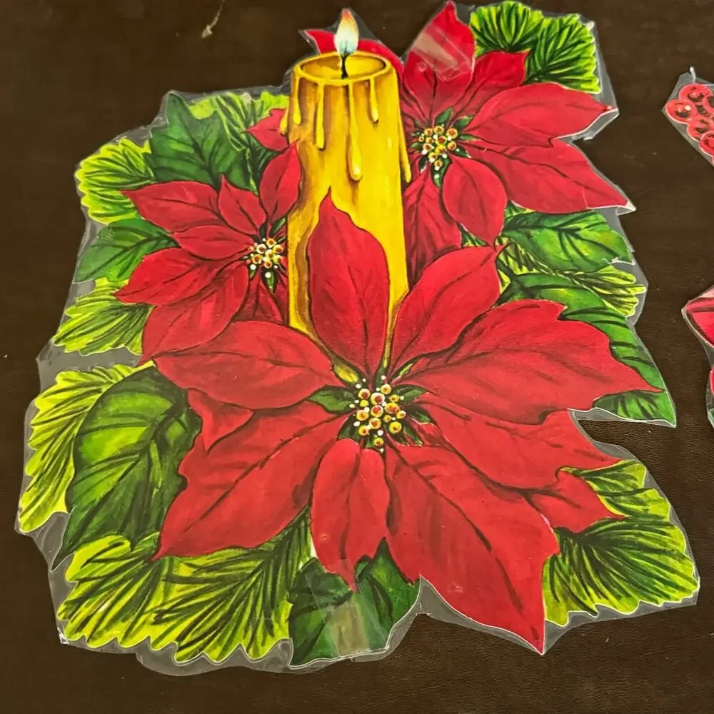 Vintage Christmas Holiday 4 Cut Outs Bell Candy Cane Poinsettia Bird Candle USA